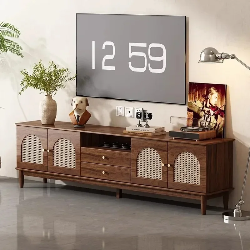 Retro rattan solid wood frame TV cabinet, household coffee table combination