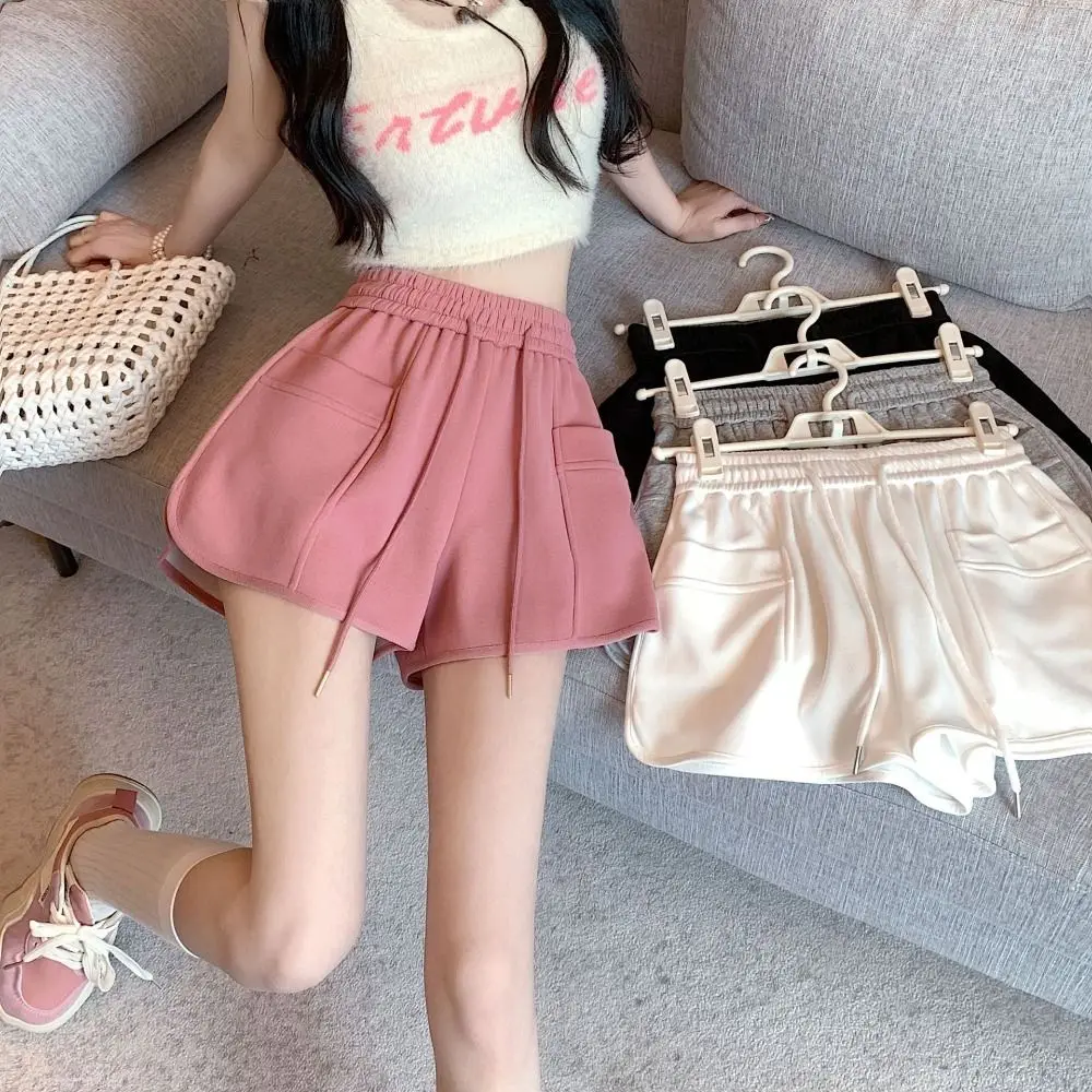 

Fashion with Pockets Wide Leg Shorts Women Fitness Solid Color High Waist Shorts Sweatpants Loose Drawstring Short Pants Summer