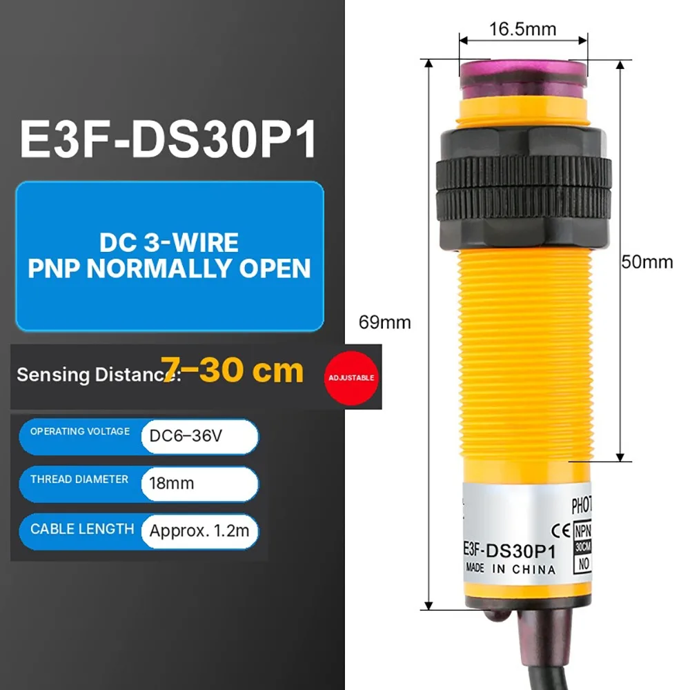 1Pcs E3F-DS30 Diffuse Reflection Photoelectric Switch Adjustable Sensitivity NPN Normally Open Proximity Sensor Switch 18mm Size