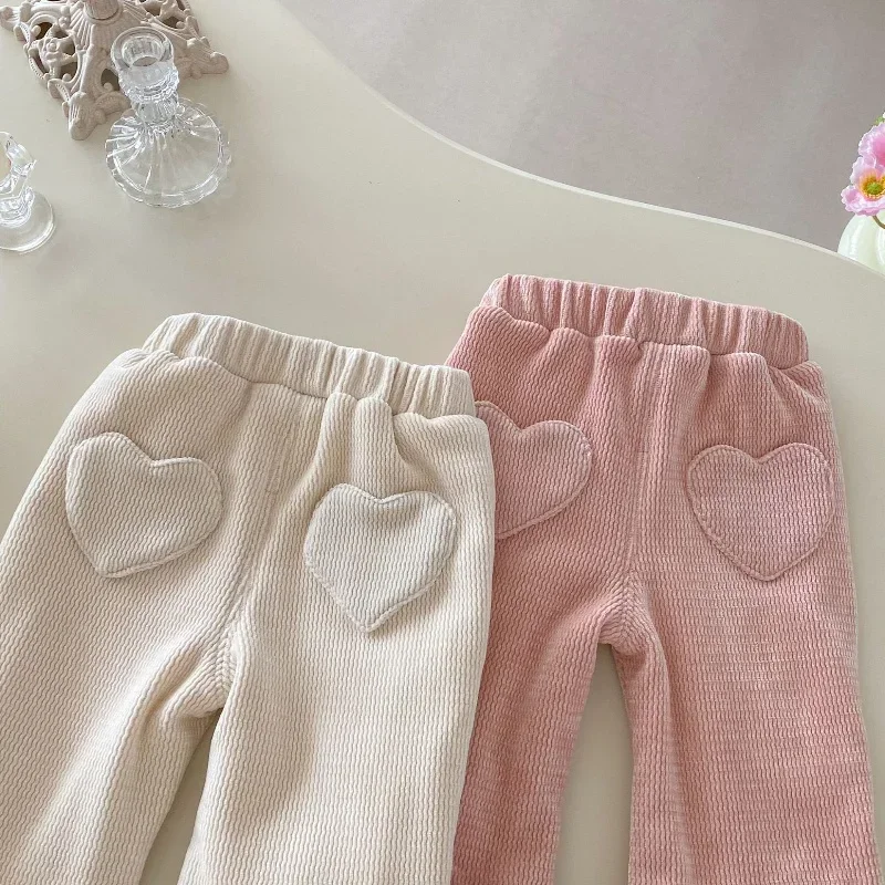 Winter 0-5Y Kids Trousers Girls Fleece Lined Flare Pants Heart Decorated Warm Furry Trim Children Clothes Sweatpant