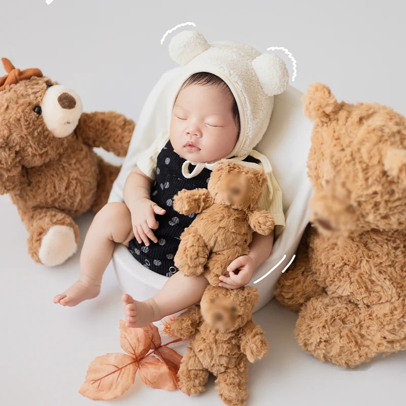 Baby Cute Polka Dot Romper Homewear Newborn Photography Props Teddy Bear Plush Posing Toy 5pcs/Set Studio Photoshoot Accessories