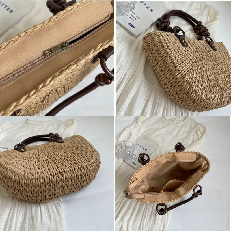 2024 New Summer Women Straw Beach Bag Large Capacity Handbag Handmade Shoulder Underarm Bag Bohemian Female Casual Woven Basket