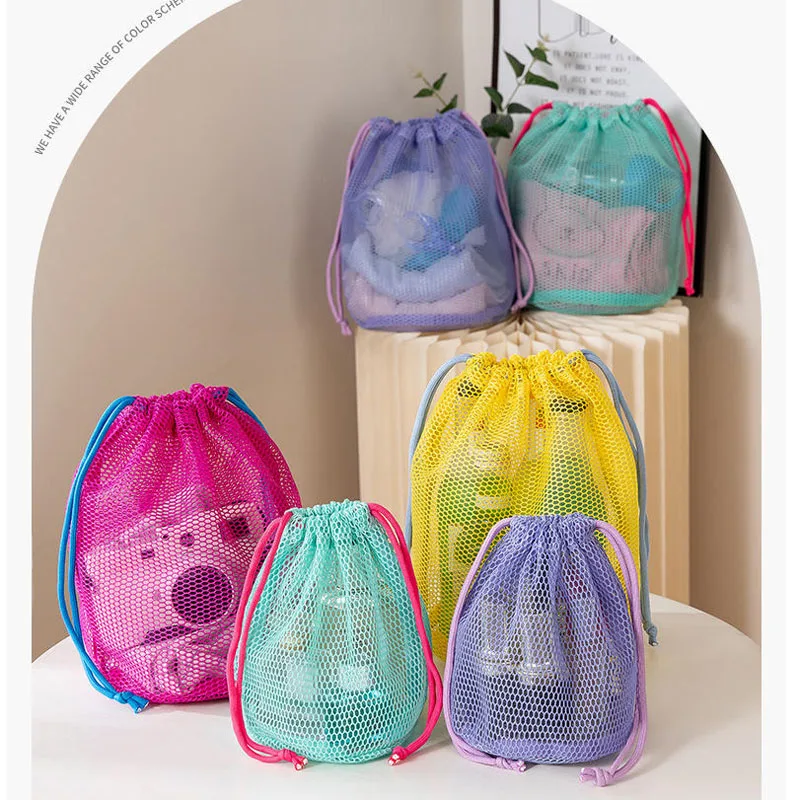 10pcs/lot Round Bottom Mesh Drawstring Pouch Portable Travel Drainage Makeup Toiletries Storage Bags Swimming Bath Bag