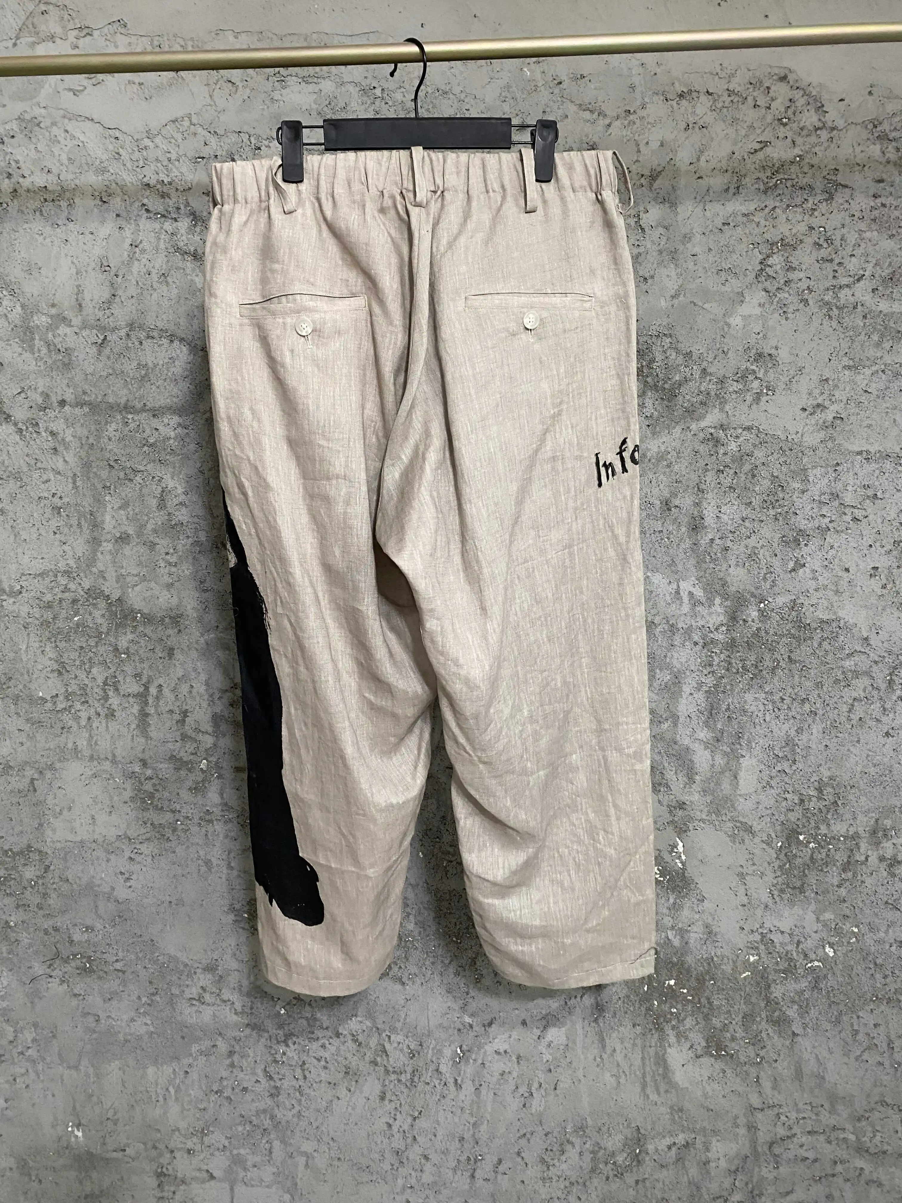 TOP-YAMAMOTO original design linen printed portrait pattern lace-up casual pants