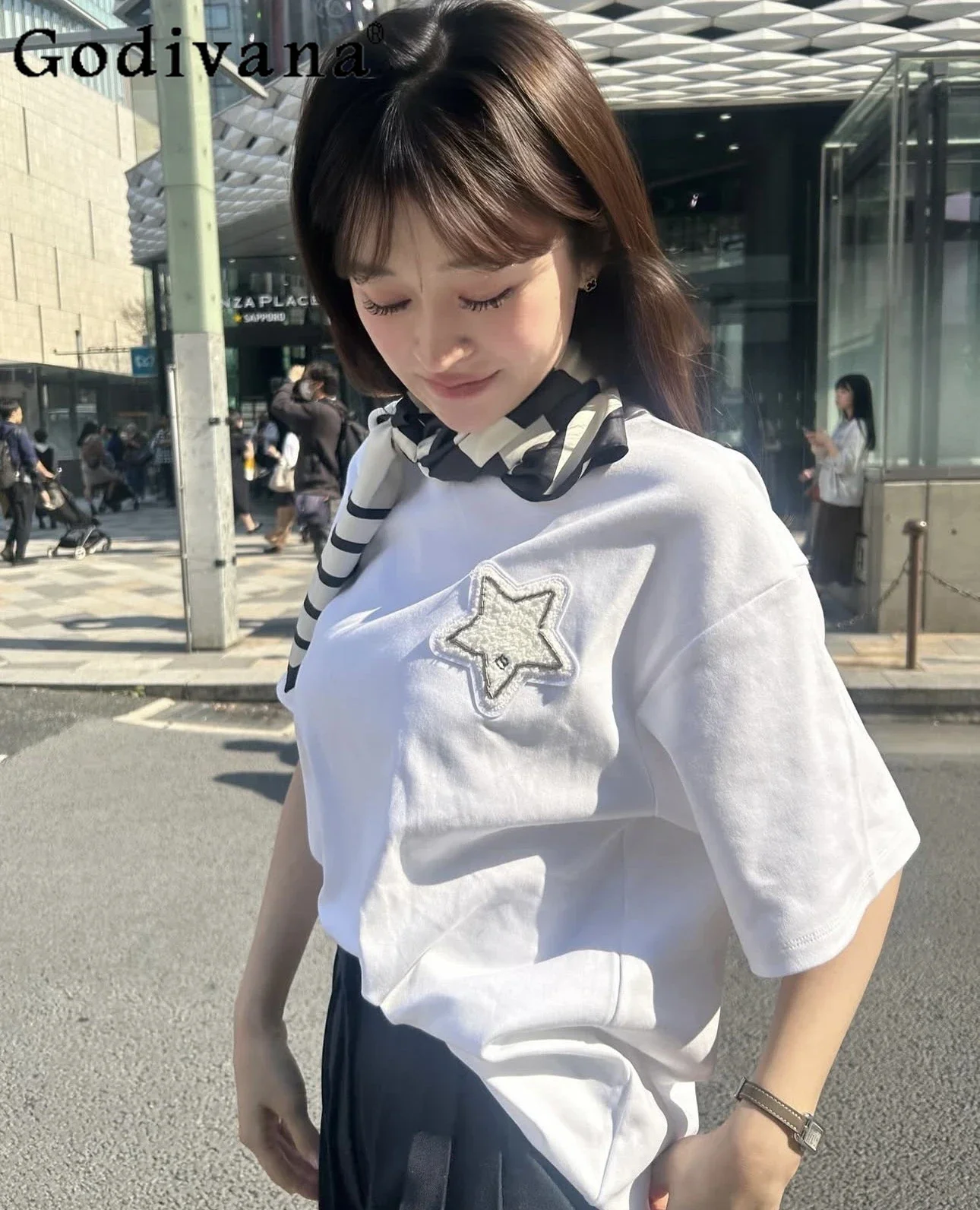 

Japanese Sweet Basic White Cotton T-shirt Women's Loose Letter Embroidery Star Patch Casual Clothes Summer New Lady Cute Top