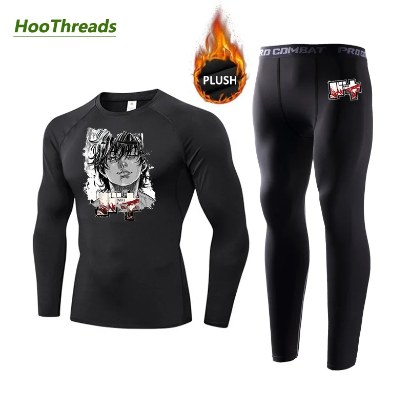 

Tactical Sports Thermal Underwear Set for Men Anime Baki Hanma Print Long Johns Winter Warm Fleece Lined Base Layer Top Bottom