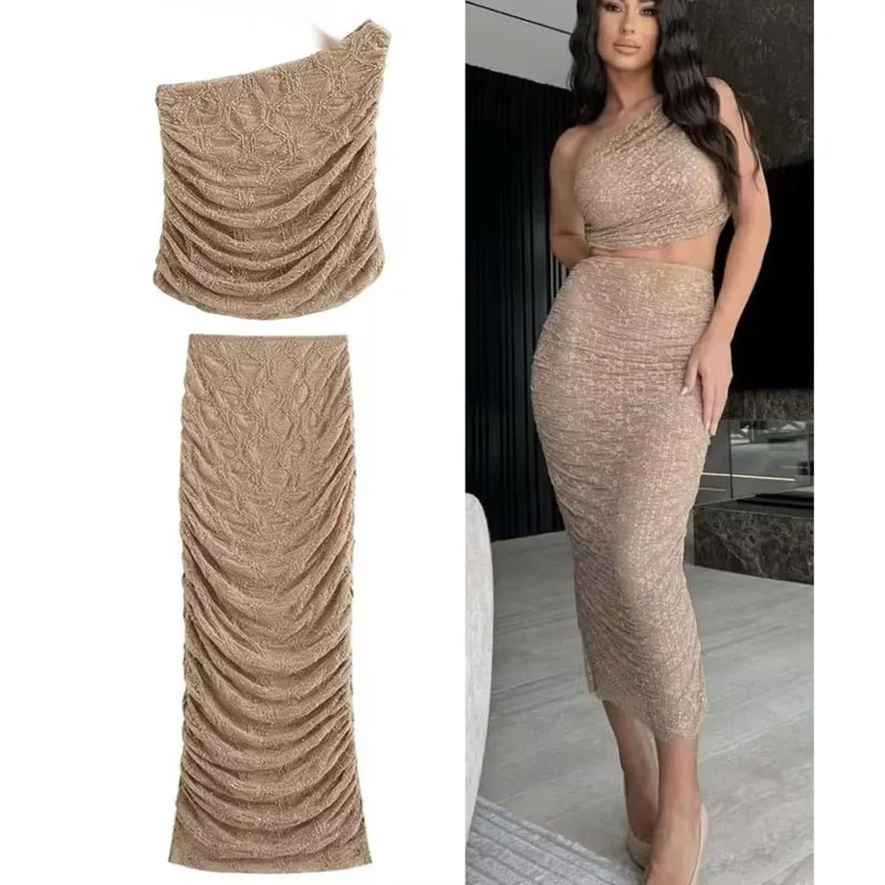 Elegant Glitter Pleated 2 Pieces Midi Skirt Set Women Fashion Oblique Shoulder  Cropped Top Suit 2024 New Sexy Chic Party Outfit