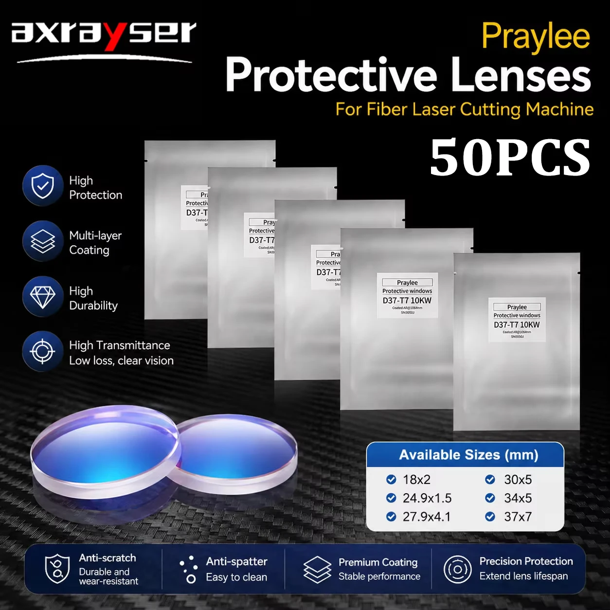 50PCS Laser Protective Windows Wholesale Praylee Protection Lens 18x2 27.9x4.1 30x5 34x5 37x7 for Raytools Boci Cutting Head
