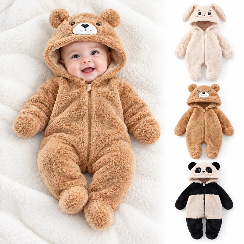 Baby Hooded Romper Winter Warm Plush Jumpsuit Bear Bunny Panda Footed Overall with Mittens Infant Boys Girls One Piece Outfit