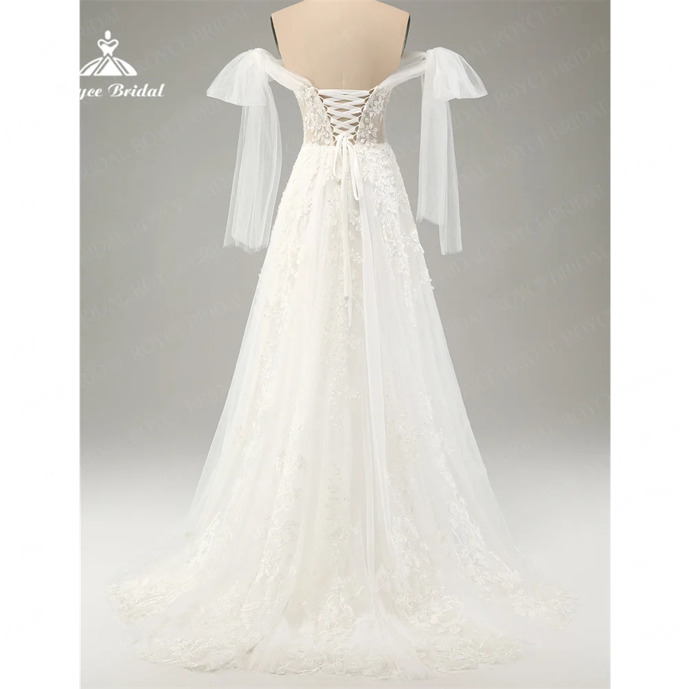 Roycebridal-vestido de novia de línea A, traje de encaje con cola de barrido, 2025