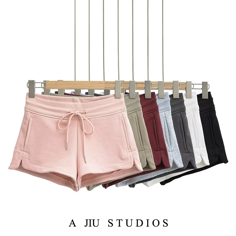 

American Style Hot Girl Low Waist Drawstring Wide Leg Hot Pants Women Summer Side Slit A-Line Casual Slim Straight Sports Shorts