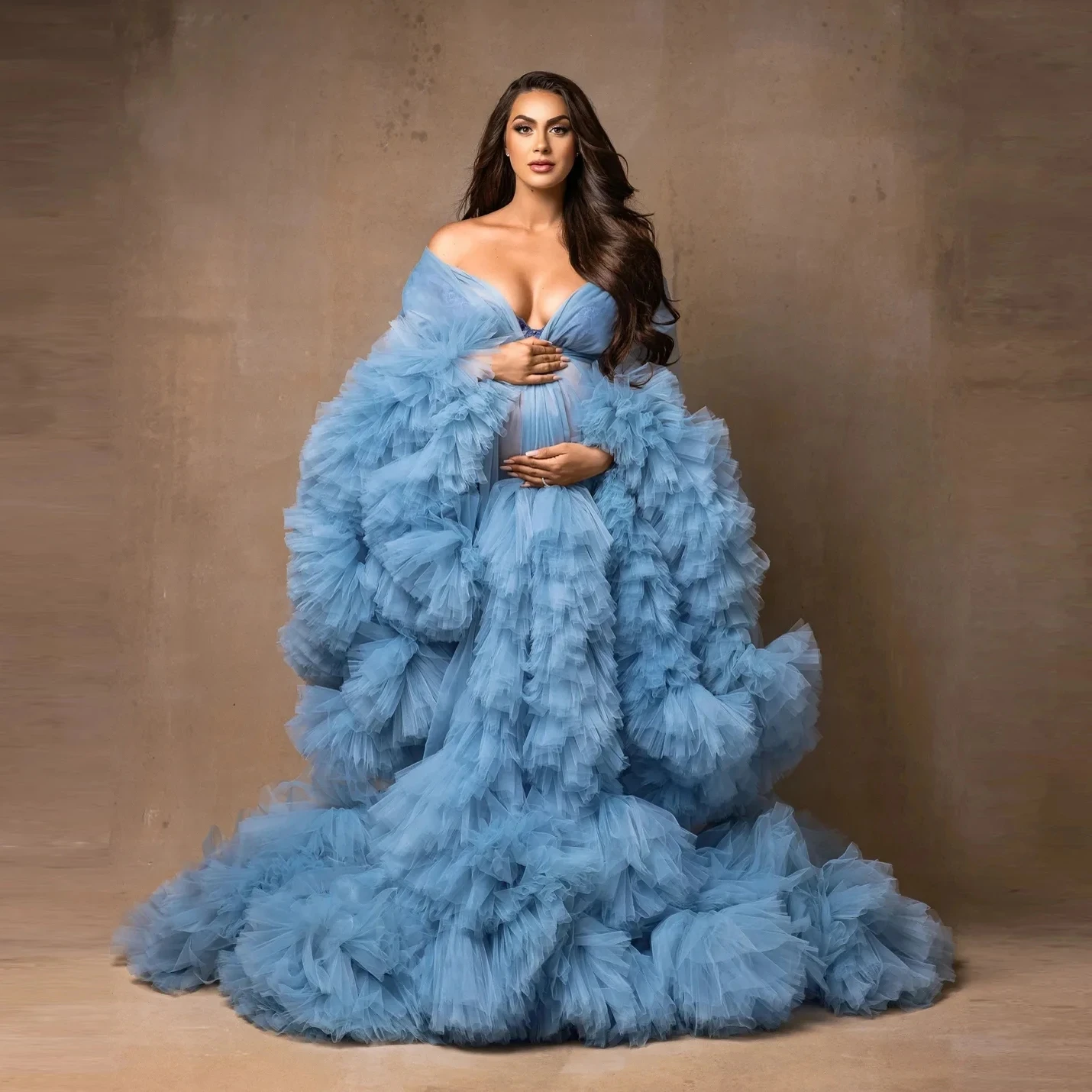 

Elegant Blue Puffy Ruffle Maternity Tulle Robes Custom Made Long Sleeves Extra Puffy Pregnancy Dresses Photo Shoot