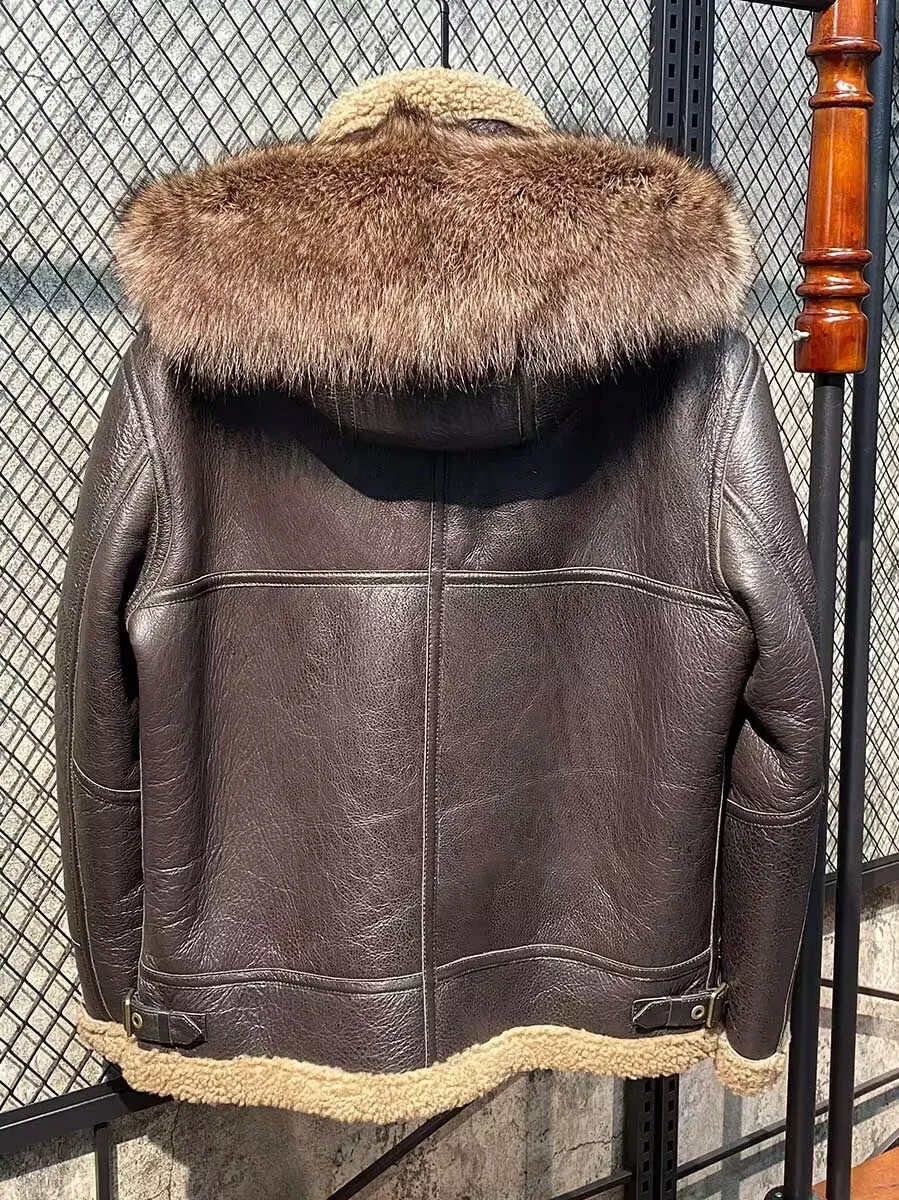 Winter Fashion Men's Clothes Genuine Sheepskin Lambskin Shearling Coat Male Bomber Jacket Windbreaker Large Real Fur Hoodie 5XL