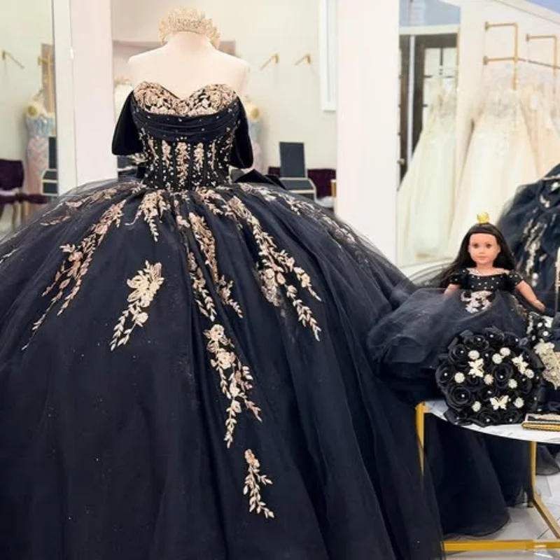 

Shiny Black Quinceanera Dresses Glitter Crystal Decal Lace off-shoulder Long tail Bow Vestido 15 Quinceanera Customize