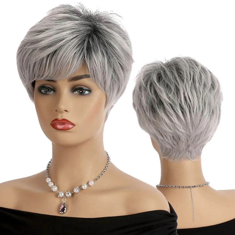 Hairjoy cabelo sintético feminino curto reto prata cinza branco peruca traje cosplay peruca