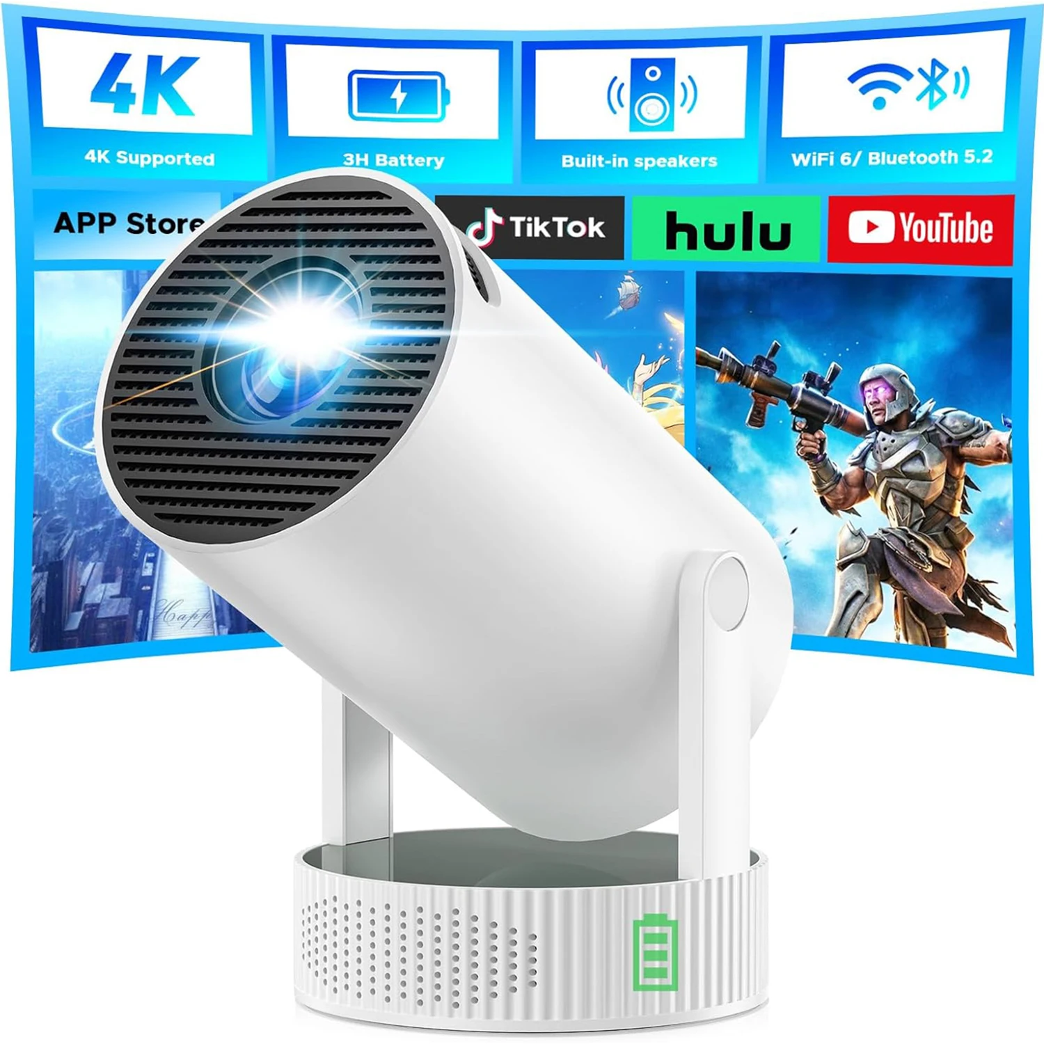 Salange HY300 Pro Max 8K Smart Projector Built-in Battery 1280*720P Android14 8000 Lumens WiFi6 BT5.4 Mobile Outdoor Home Cinema