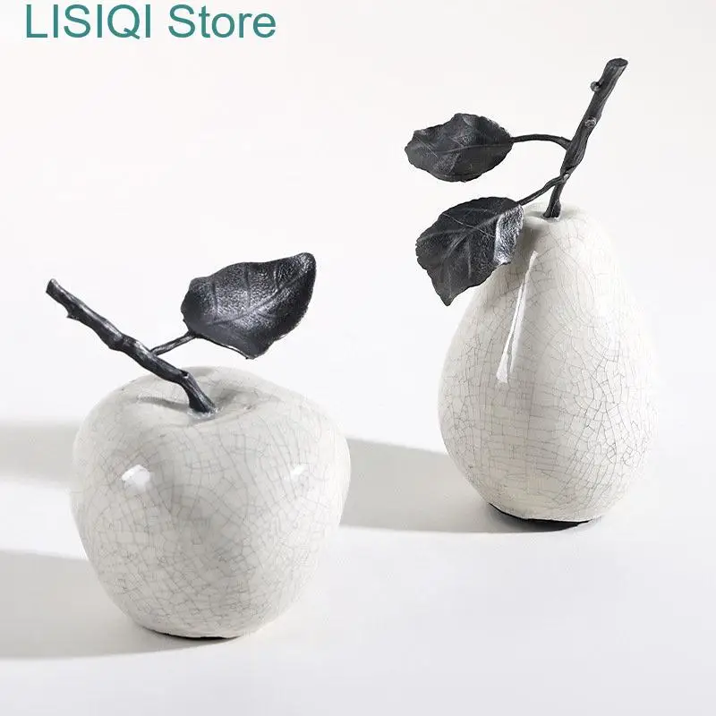 

New Ceramic Ornaments Cracked Texture Apple Pear Sculpture Decoration Fruits Statue Crafts Modern Home Decor Decorative