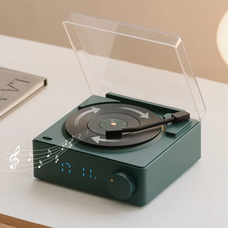 Retro Wireless Speaker Bluetooth 5.0 Stereo Music Player Desktop Alarm Clock Vintage Vinyl Record Shape Support TF Card/AUX Play