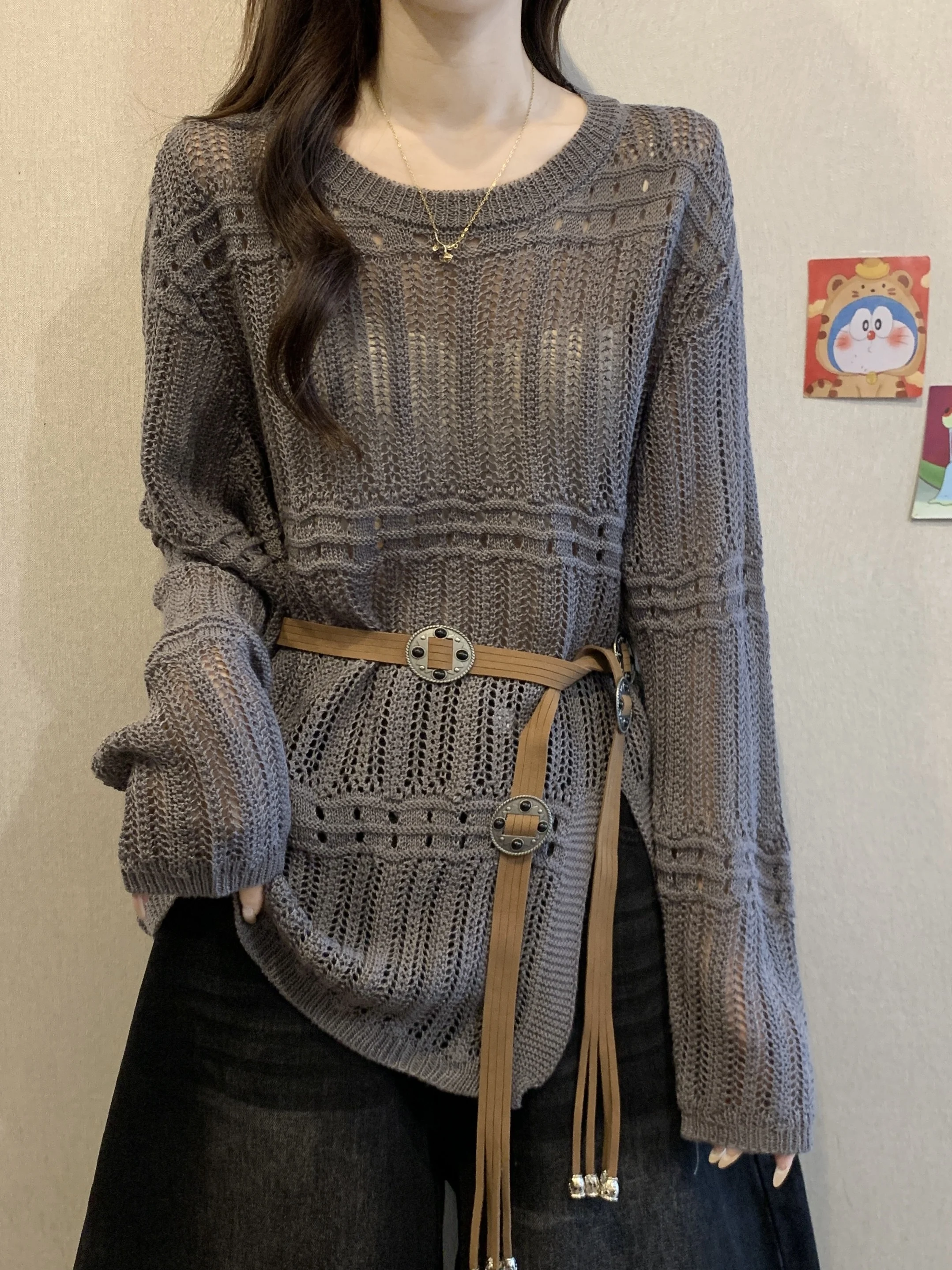 

Women's Knitted Hollow out Sweater Spring New Style plus Size Slimming Mid-Length Belted Waist Top Korean Style Long Sleeve