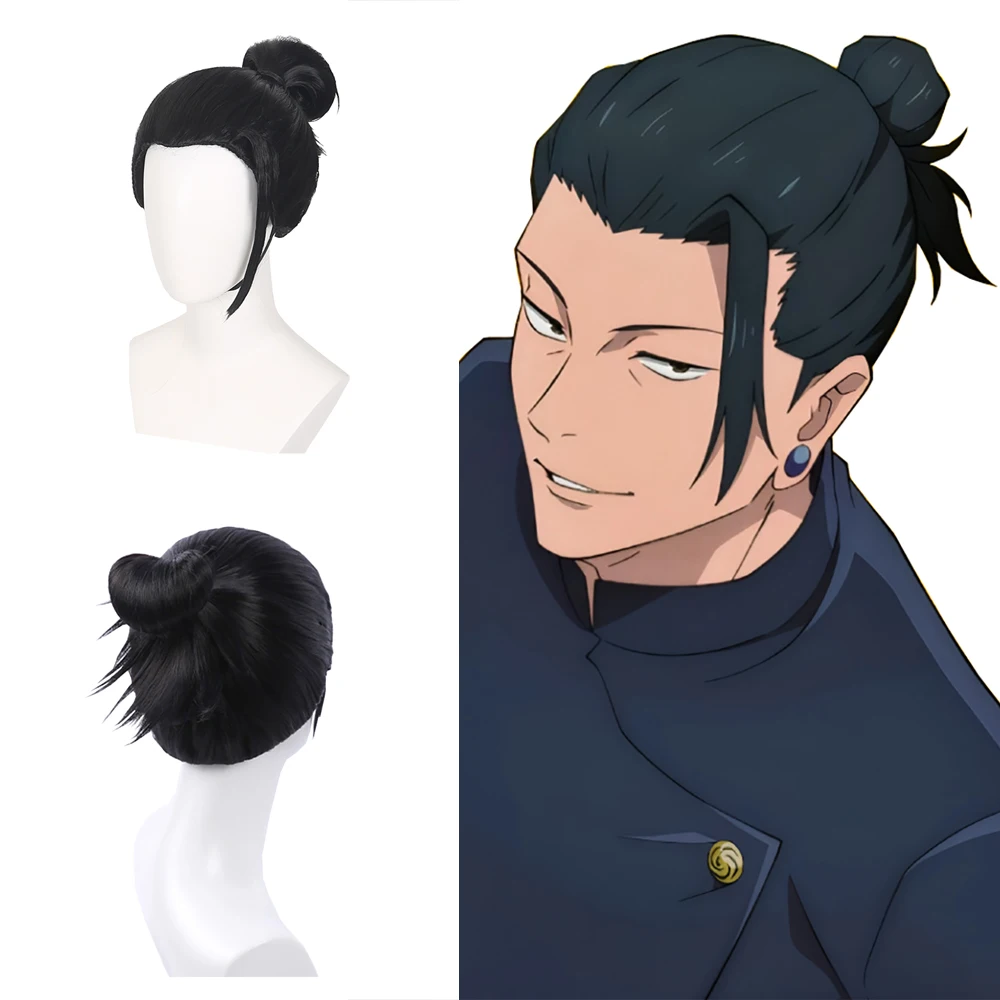 Anime Jujutsu Kaisen Geto Suguru Cosplay Synthetic Hair 12-Inch Black Bun Halloween Daily Party High-Quality ‌Wig Heat Resistant