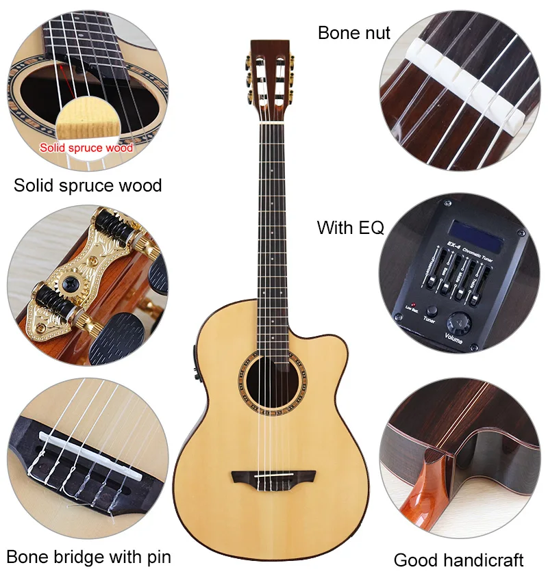 6 String Electric Acoustic Classical Guitar 39 inch Acoustic Classic Guitar Semi Handmade Solid Spruce Wood 46mm Upper Nut