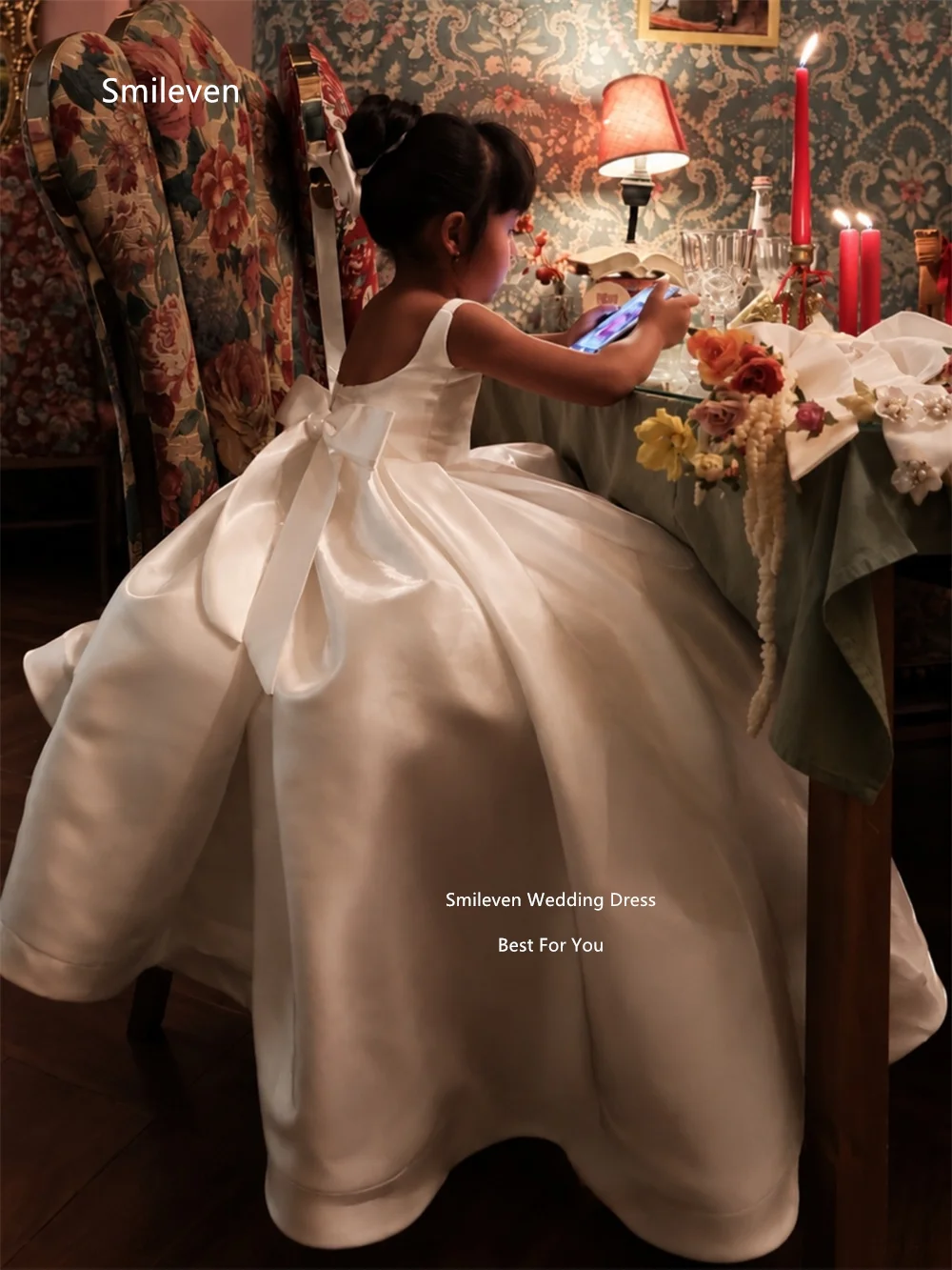 Smileven Ivory Satin Ball Gown Girl Flower Dress Square Back Sleeveless Birthday Dresses Back Big Bow Gowns Customized 2026