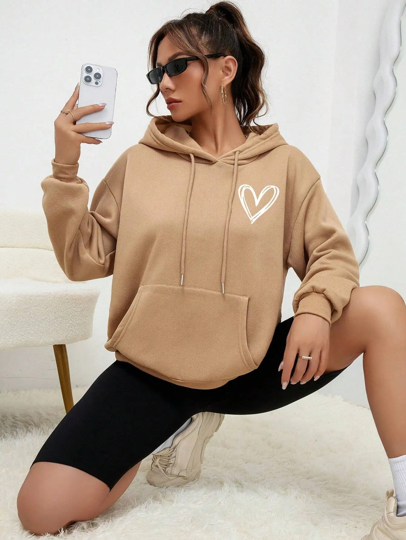 

Beige Oversized Hoodie with White Heart Print and Kangaroo Pocket