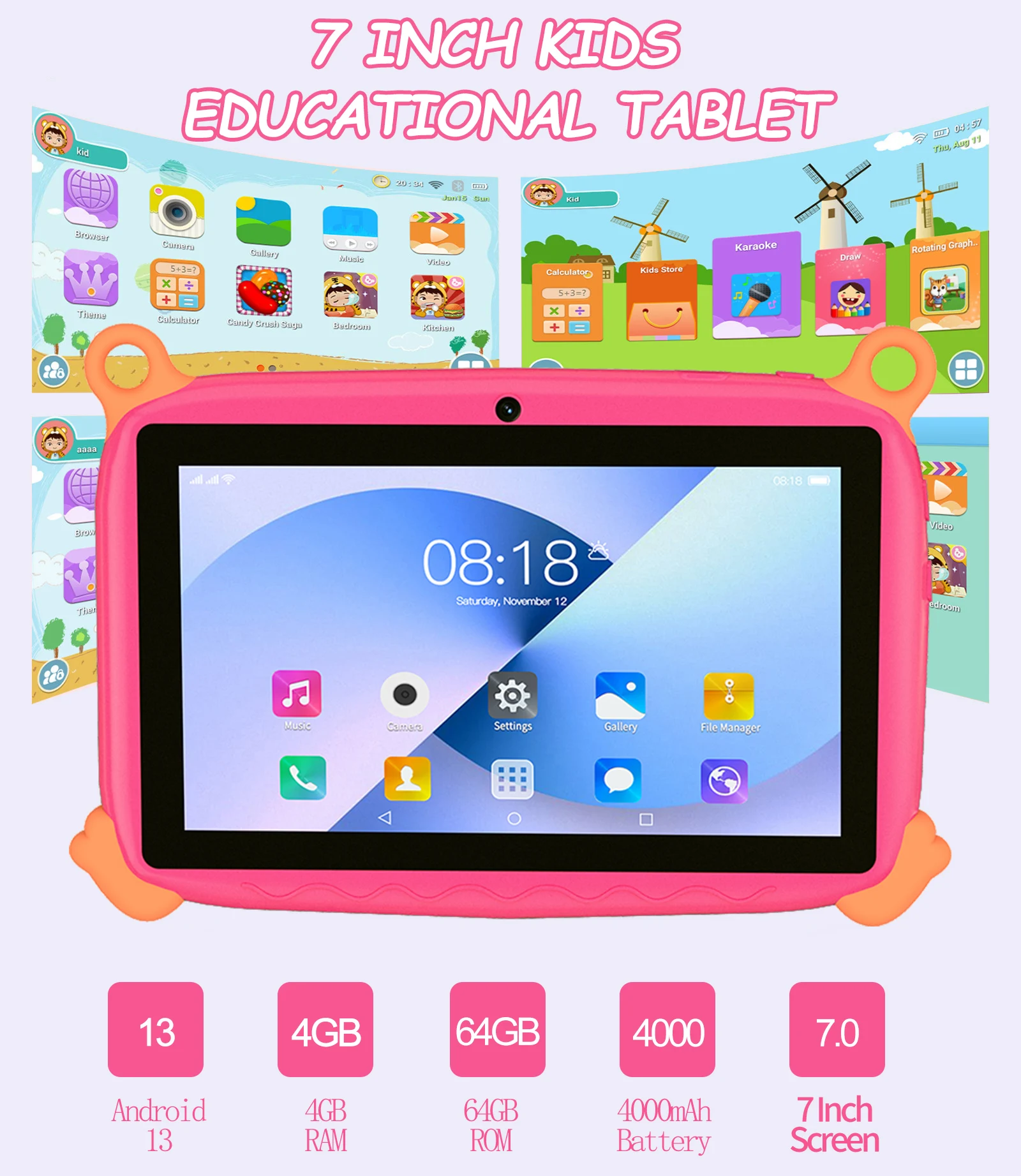 Global New Kids Android 13 Learning Educational Tablet, 4GB+64GB Memory, 4000mAh Battery, WIFI ﻿