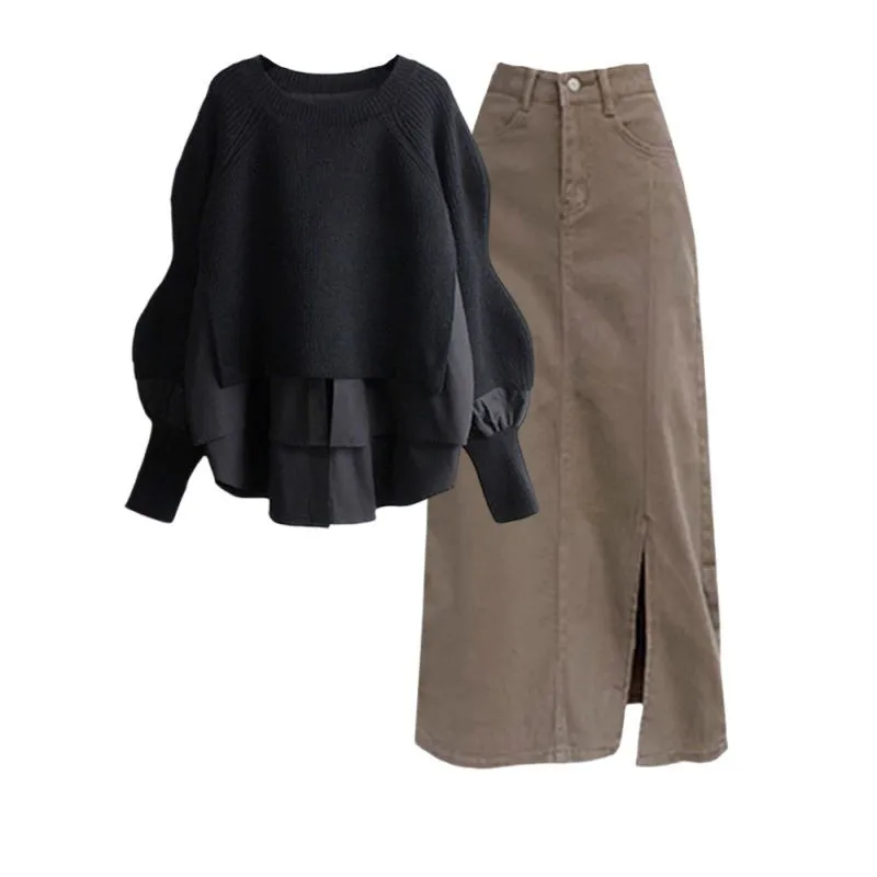 

Women's 2025 Autumn/Winter New Fashion Knitted Sweater Top+Denim Skirt Matching Set Korean Elegant Vintage Dress Matching Set