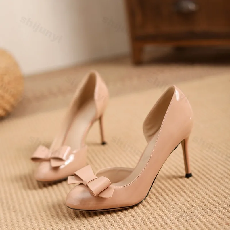 

Женские модные туфли на высоком каблуке из лакированной кожи с элегантным бантом, на тонком каблуке, удобные, мягкие, повседневные, универсальные, без застежек, на шпильке