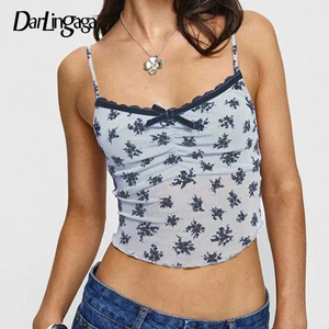 Darlingaga Fashion Printed Sexy Mesh Top Camisole Lace Trim Bow Transparent Slim Folds Summer Cropped Top Female Y2K Clothes New