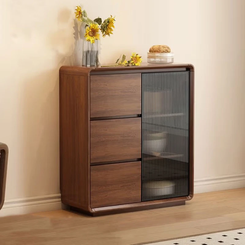 

Пристенный буфет из массива дерева, цвет орех, для гостиной, с местом для хранения.