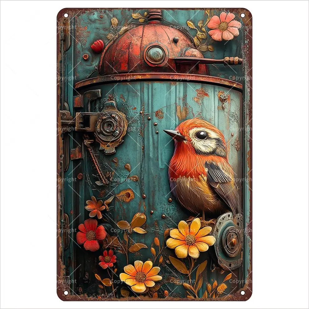Vintage Tin Sign ; - Red Bird with Flowers on Industrial Door Flat Metal Tin Signs with 3D Effect - Retro Tin Sign-aluminum