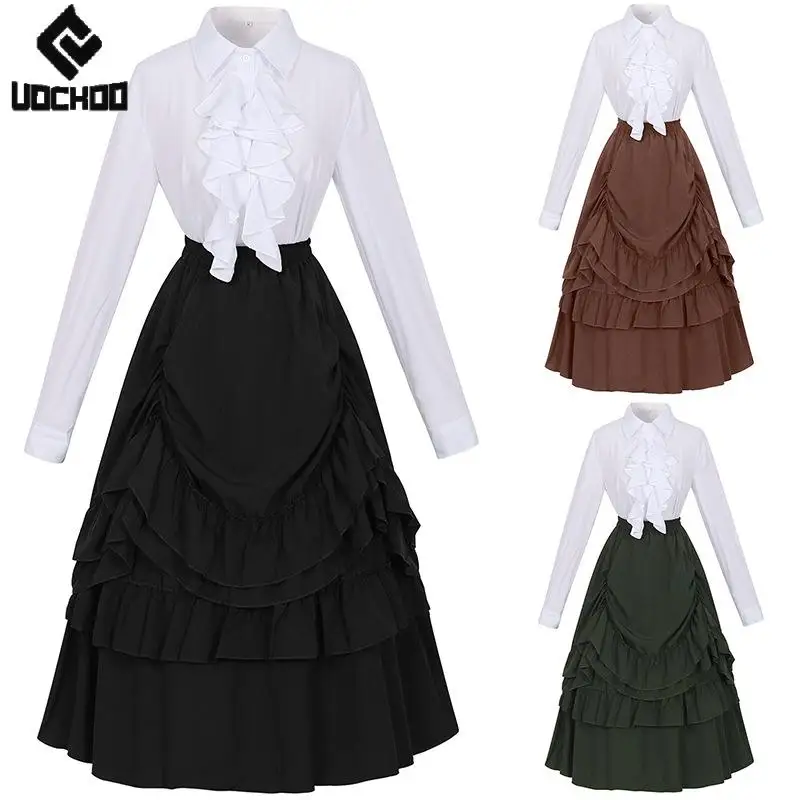 

Medieval Women's Dress Victorian Vintage 2 Pieces Set Lady Goth Stage Cosplay Costumes White Shirt Solid Color High-waist Skirt