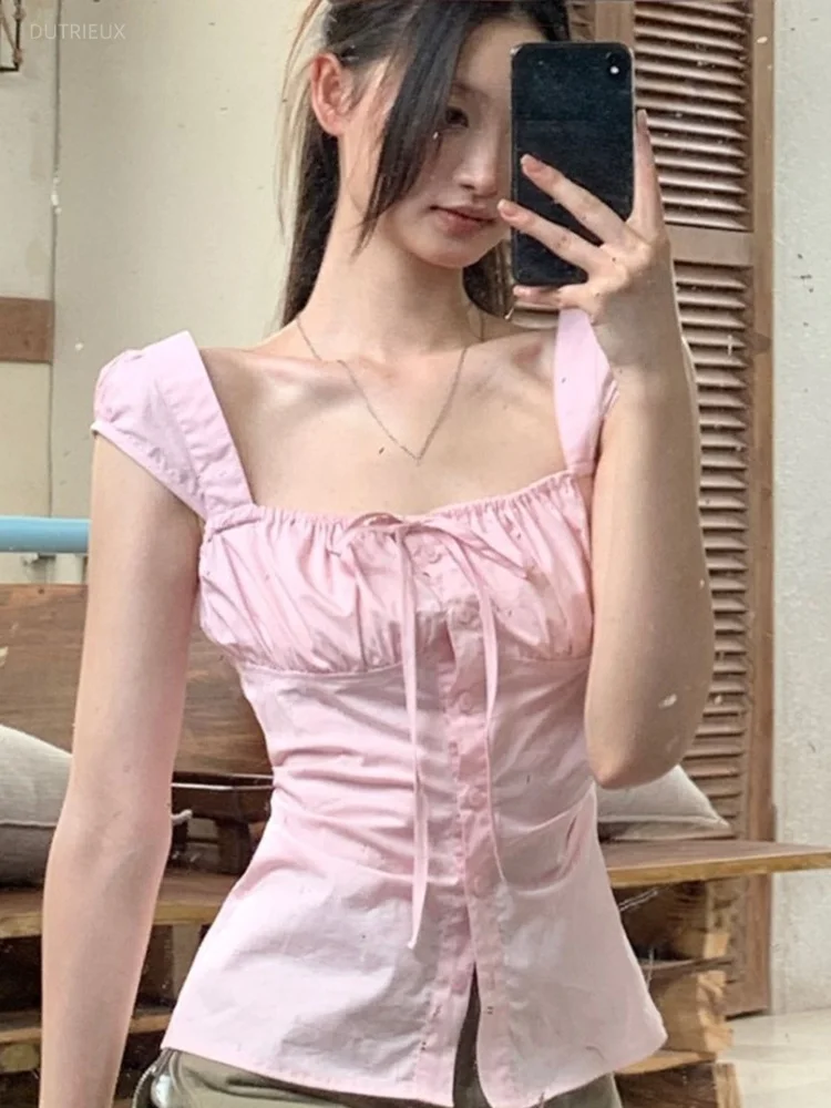Y2k Aesthetic Squar Collar Women Blouse Summer Vintage Single Breasted Bandage Blusas Harajuku ​slim Fit Grunge Pleated Tops