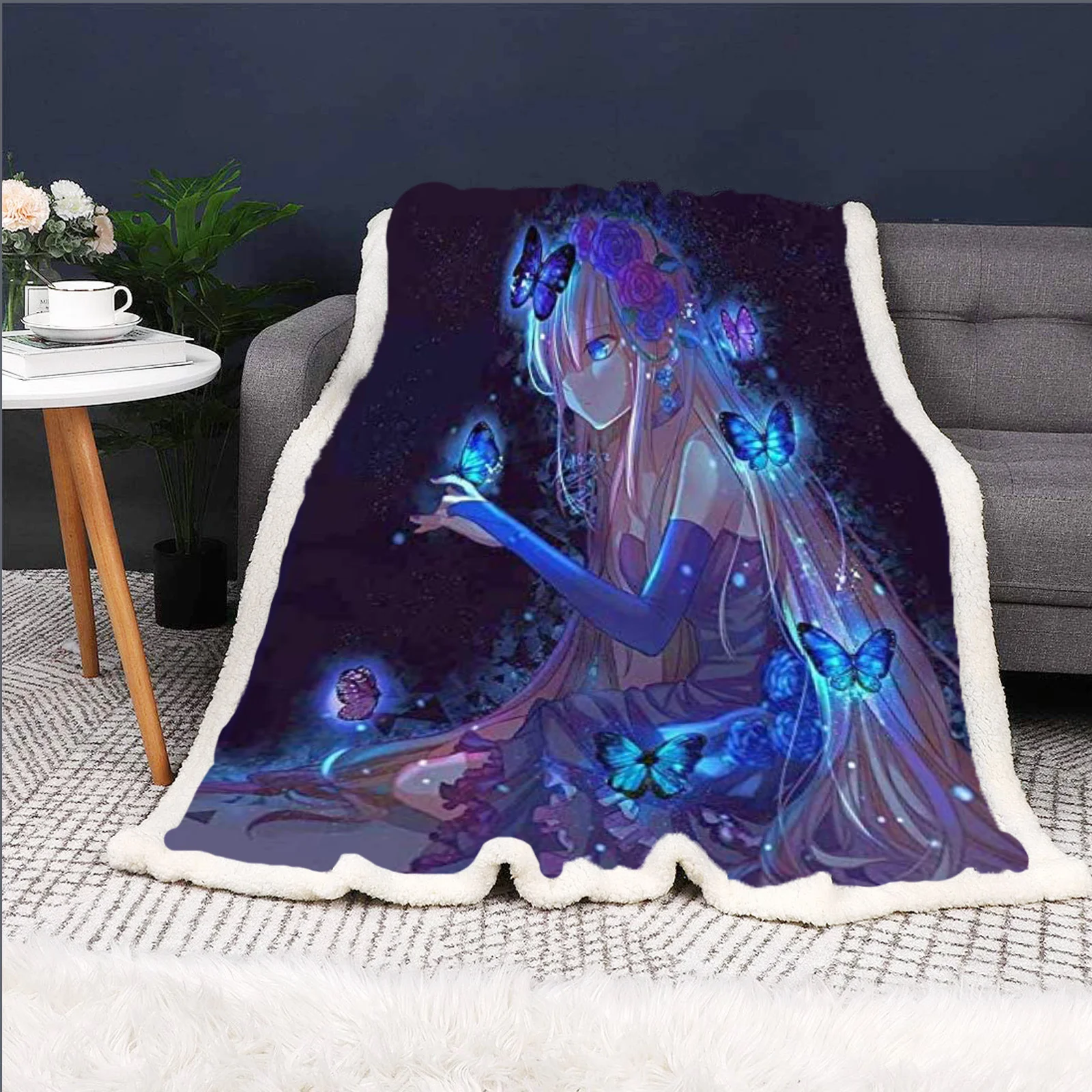 Anime Girl White Flower Wreath Sherpa Throw Blanket Green Leaf Print Double Layer Fleece Blanket Soft Sofa Bed Couch Home Decor