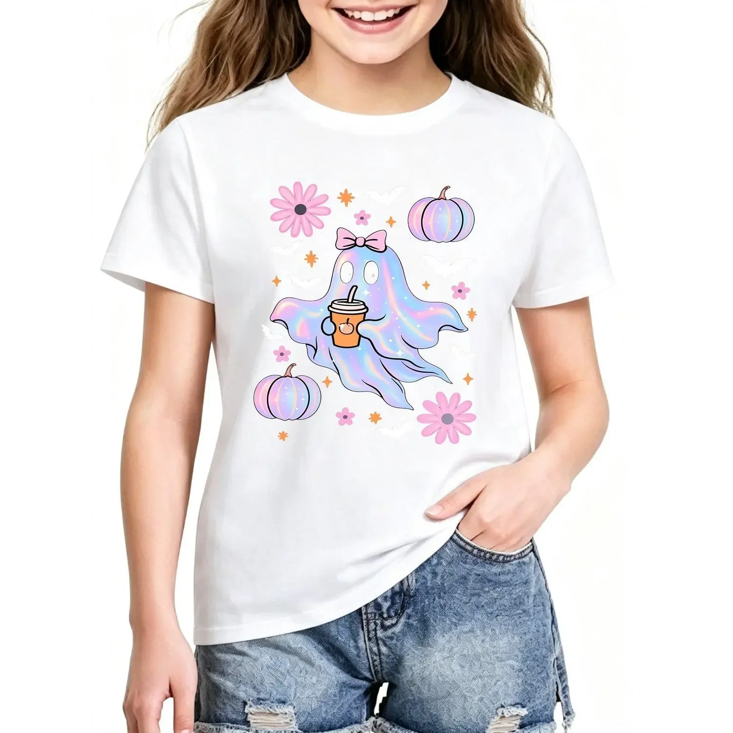 Girls Fashion Short Sleeve T Shirt Halloween Theme Summer Casual Versatile Top Ghost Drinking Pumpkin Flavored Drink Print Tee for Girls