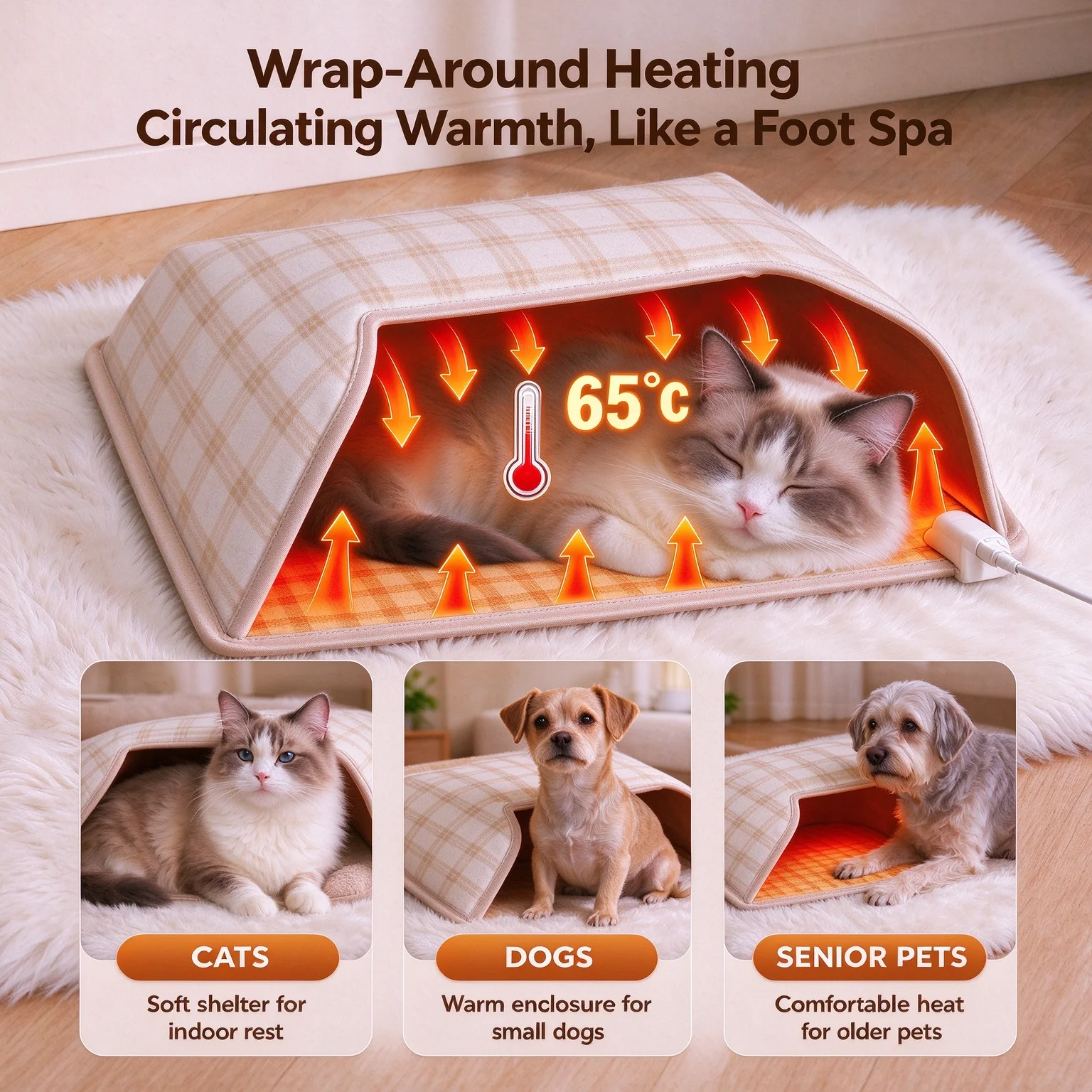 Wrap-around Heated Cat Bed Cave 9 Heat Levels Auto Shut-off Plush Thermal Pet Nest for Cats Small Dogs Winter Indoor Use