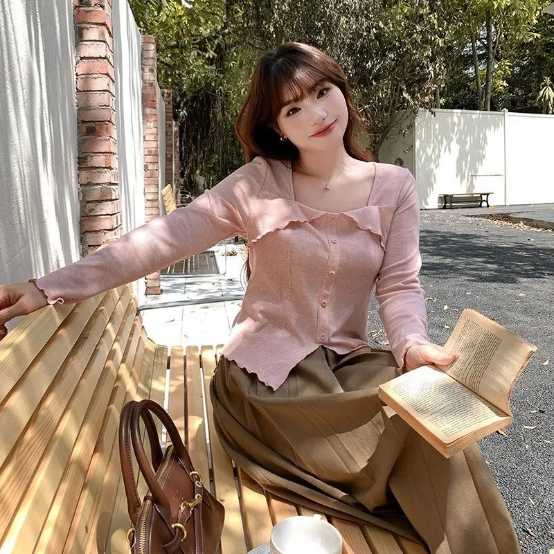 Sweet Women Square Neck Ruffle Long Sleeve Top Irregular Slim Belly Cover T Shirt For Plus Size