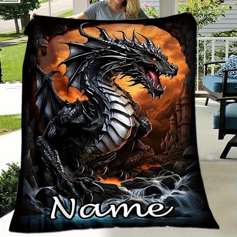قطعة واحدة من بطانية فانيلا التنين الأسود ذات الاسم المخصص لجميع المواسم، خيار نصي شخصي، مثالي للأريكة وغرفة النوم وغرفة المعيشة