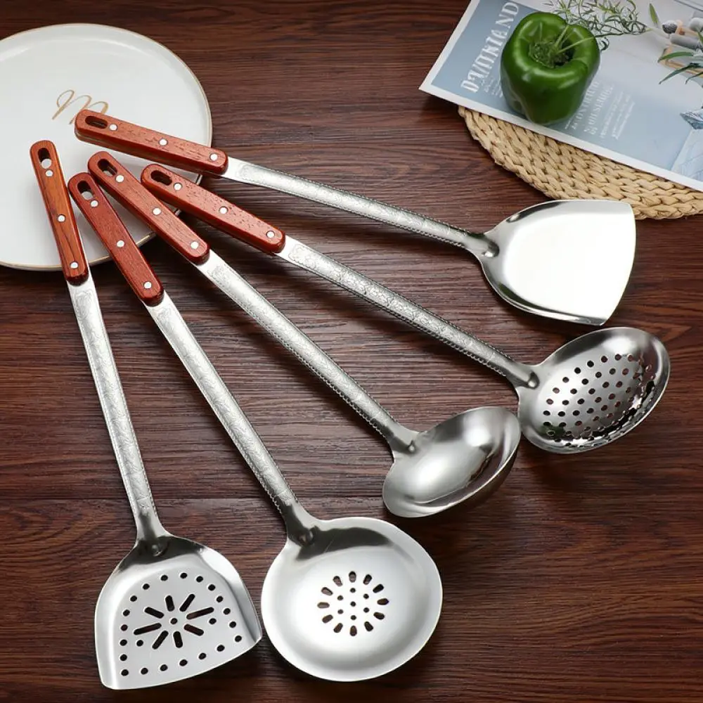 Professional Kitchenware Set Stainless Steel Cooking Utensils Wooden Handle Turner Ladle Skimmer Frying Spatula Basics