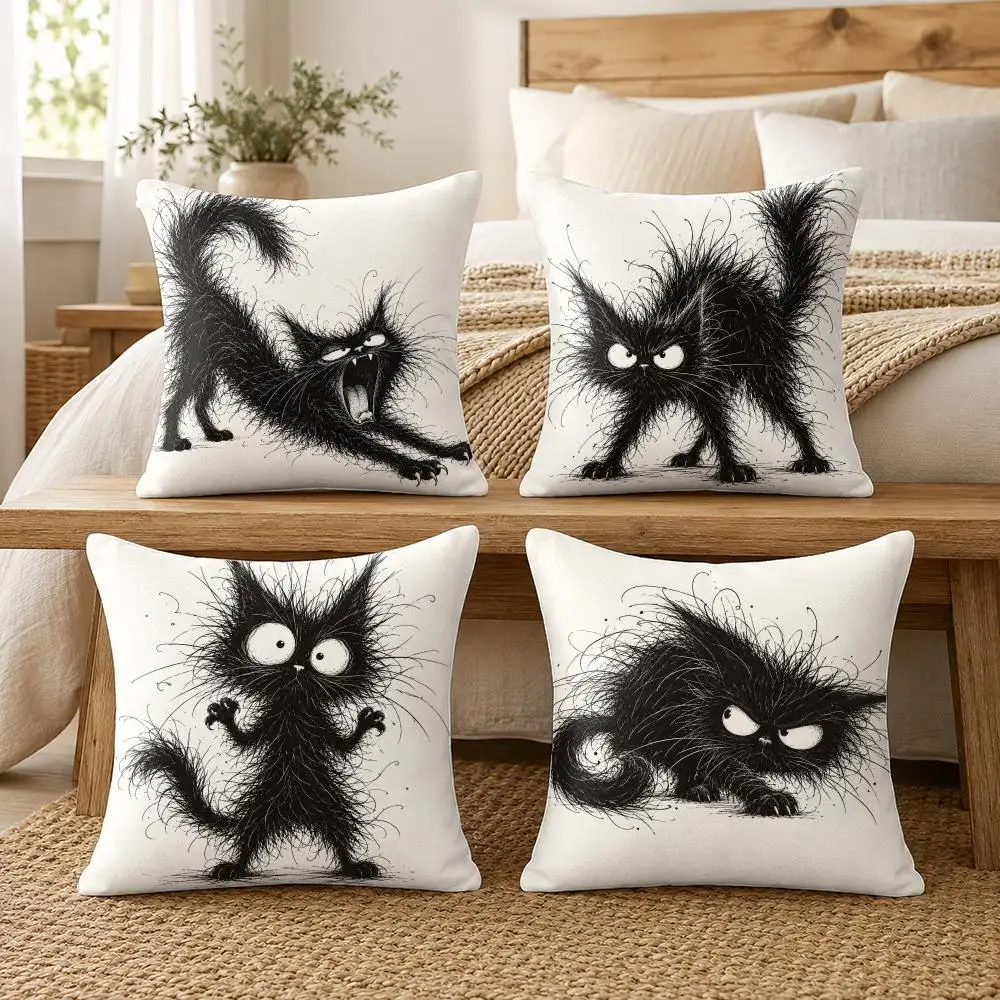 Whimsical Cat Design Style Cushion Cover Soft Short Plush Pillow Cases Hidden Zipper Cutecore Sofa Bedroom Home Decor Gift