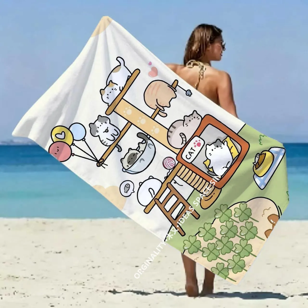 Cute Cat Paradise Beach Towel Patterned Sunscreen And Windproof Suitable For Swimming Pool Camping Travel