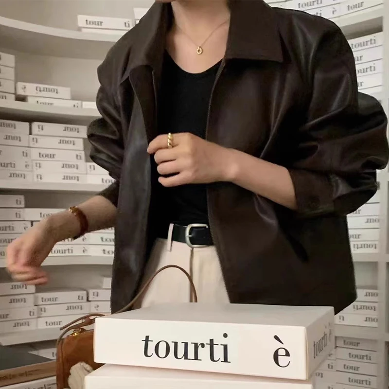 

Chic Vintage Motorcycle Jaet Long Sve Loose Fit Women's Coat with ket PU Leather ort Outerwear for Autumn Season