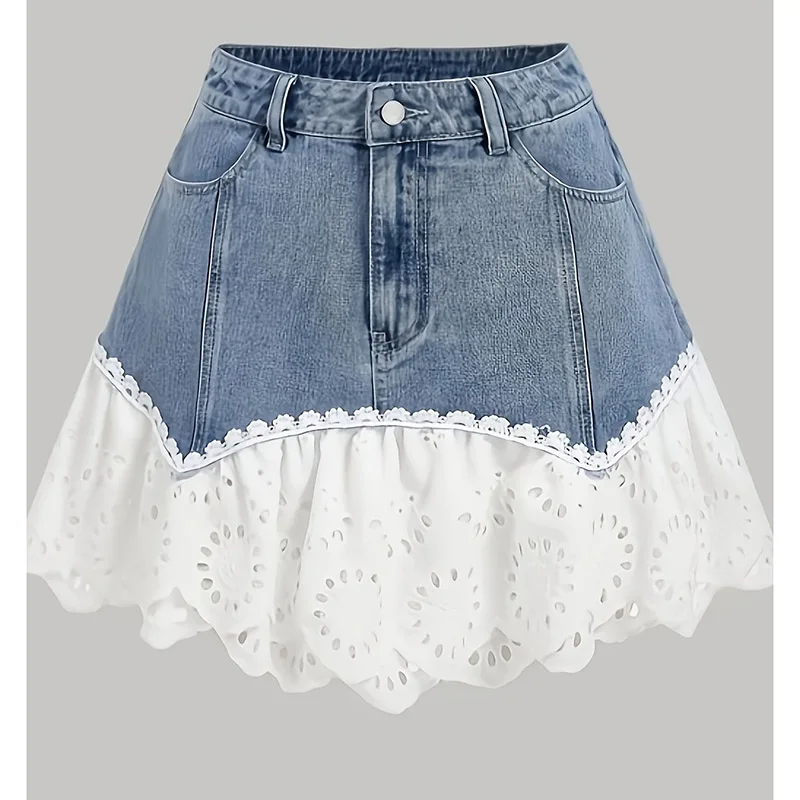 Summer Hot Sale Girls Chic Lace Trim Design Jeans Skirts Women Classic High Waist Denim Skirts Female Trend Spliced Skirts