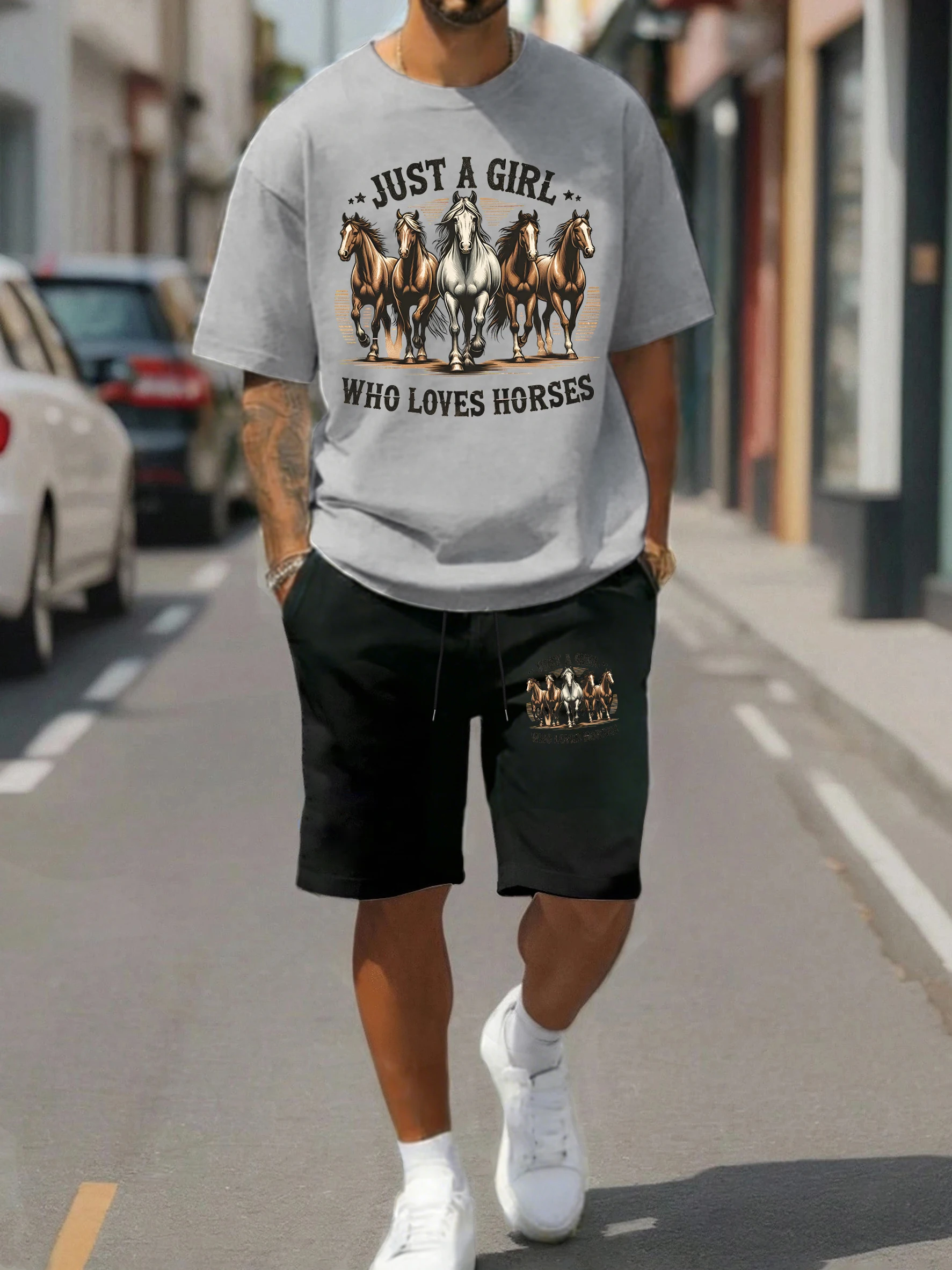 

People Who Love Horses Very Much Design Men Tee Suit Casual Cotton O-Neck Top Drawstring Shorts Loose Unisex Summer Sportsuit