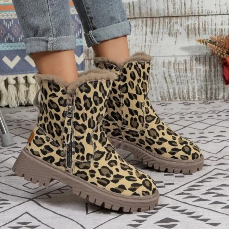 Snow boots women\'s winter new fleece women\'s shoes warm leopard snow boots thick cotton warm shoes women\'s boots P524