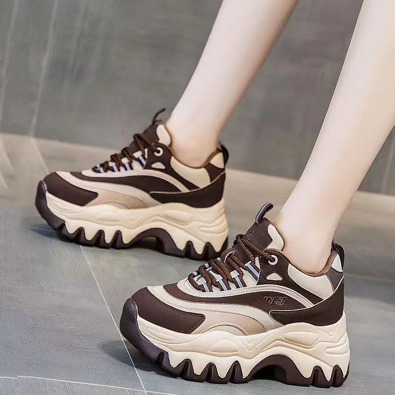 Women Casual Shoes 8CM Fashion Height Increasing Thick Bottom Spring Platform Leather Woman Chunky Sneakers zapatos de mujer