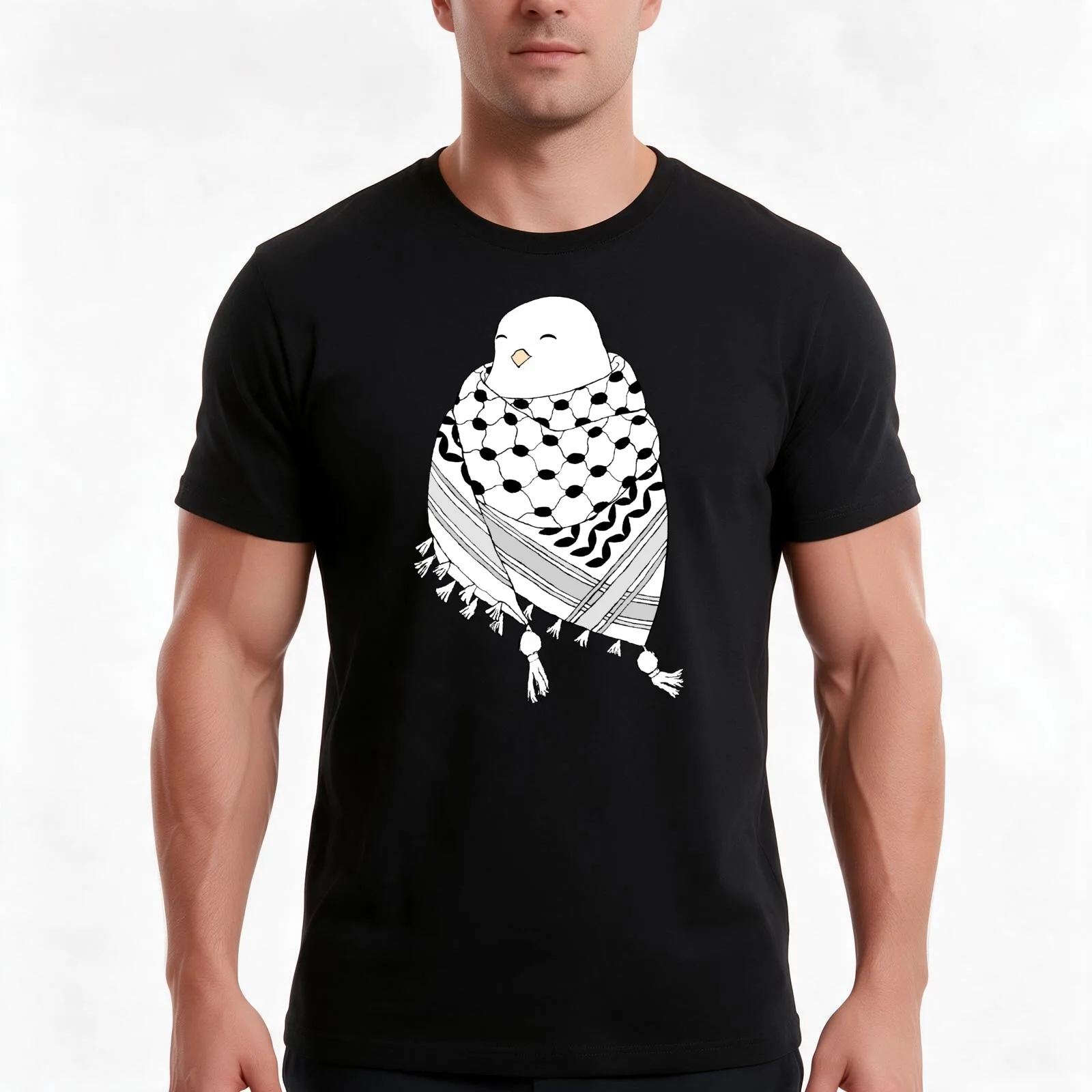 Happy Dove Wrapped in Keffiyeh Scarf T-Shirt, Summer Casual Cotton Tee, Oversized Streetwear Tops, Vintage Graphic Print