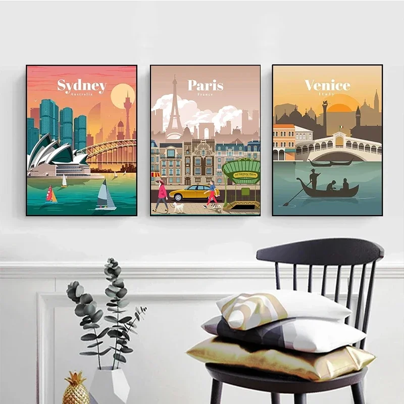 المدن السياحية العالمية الشهيرة المشارك يطبع لندن مدينة نيويورك السفر الرسم على لوحات القماش الجدارية صورة ديكور غرفة المعيشة المنزلي #4
